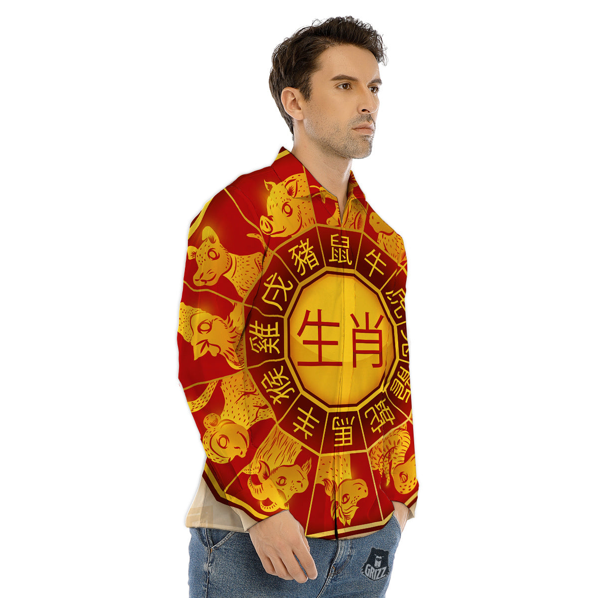 Zodiac Wheel Colourful Chinese Print Men's Dress Shirts-grizzshop