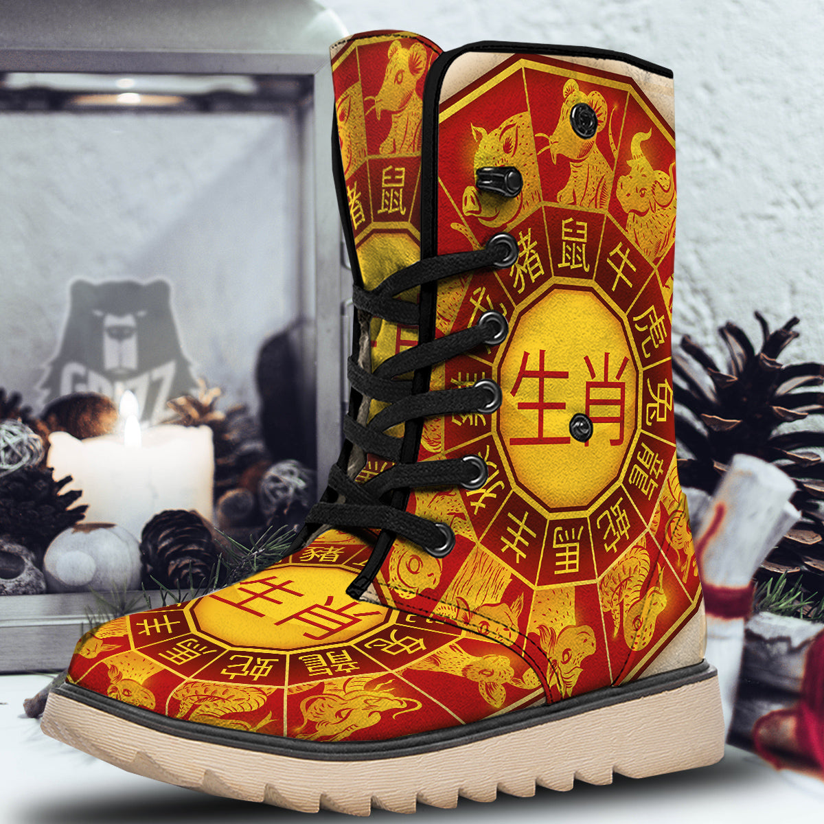 Zodiac Wheel Colourful Chinese Print Snow Boots-grizzshop