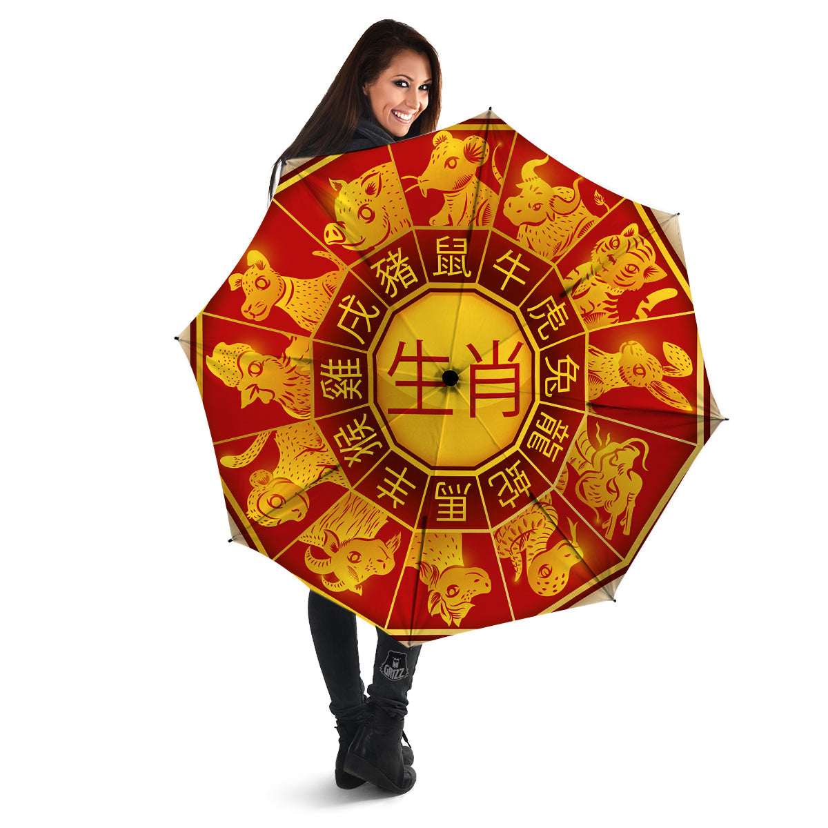 Zodiac Wheel Colourful Chinese Print Umbrella-grizzshop
