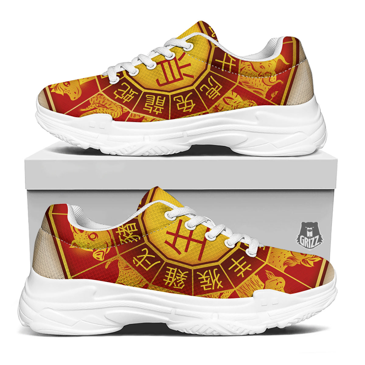 Zodiac Wheel Colourful Chinese Print White Chunky Shoes-grizzshop