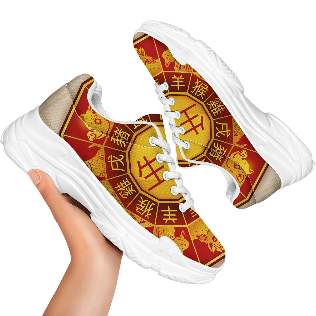 Zodiac Wheel Colourful Chinese Print White Chunky Shoes-grizzshop