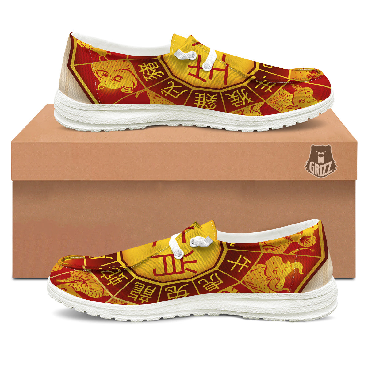 Zodiac Wheel Colourful Chinese Print White Loafers-grizzshop