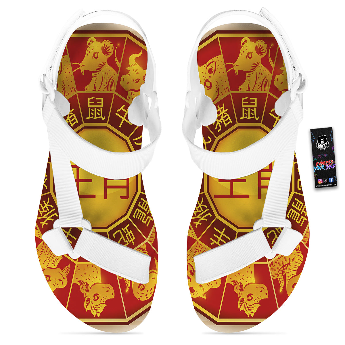 Zodiac Wheel Colourful Chinese Print White Open Toe Sandals-grizzshop