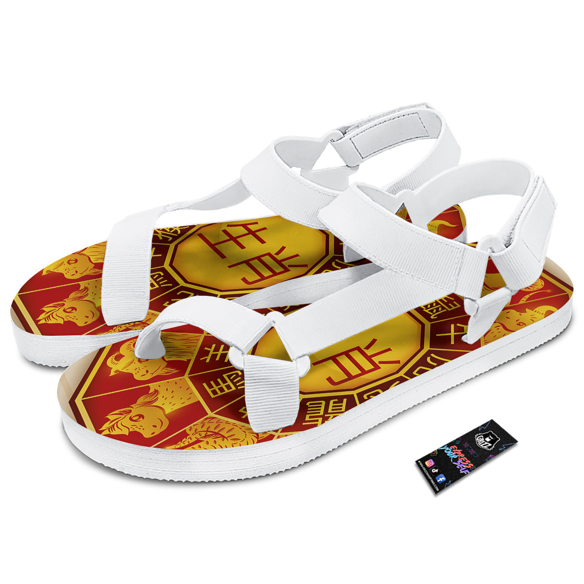 Zodiac Wheel Colourful Chinese Print White Open Toe Sandals-grizzshop