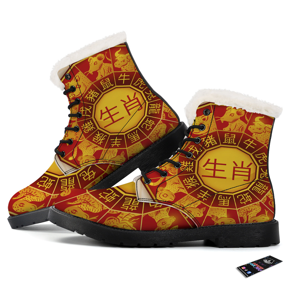Zodiac Wheel Colourful Chinese Print Winter Boots-grizzshop