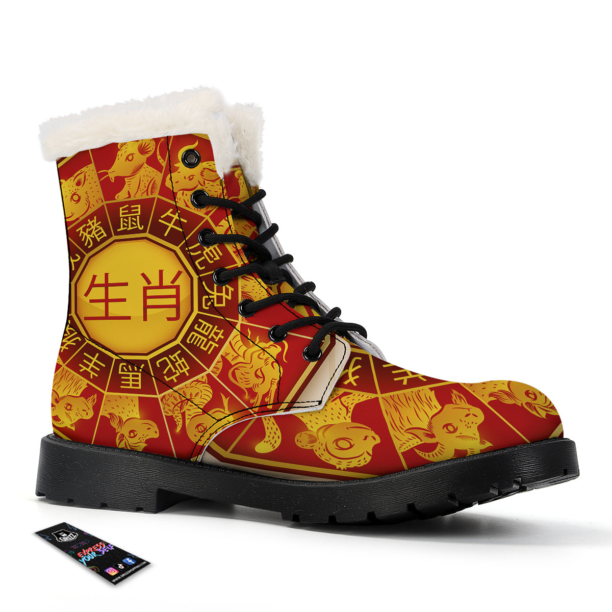 Zodiac Wheel Colourful Chinese Print Winter Boots-grizzshop