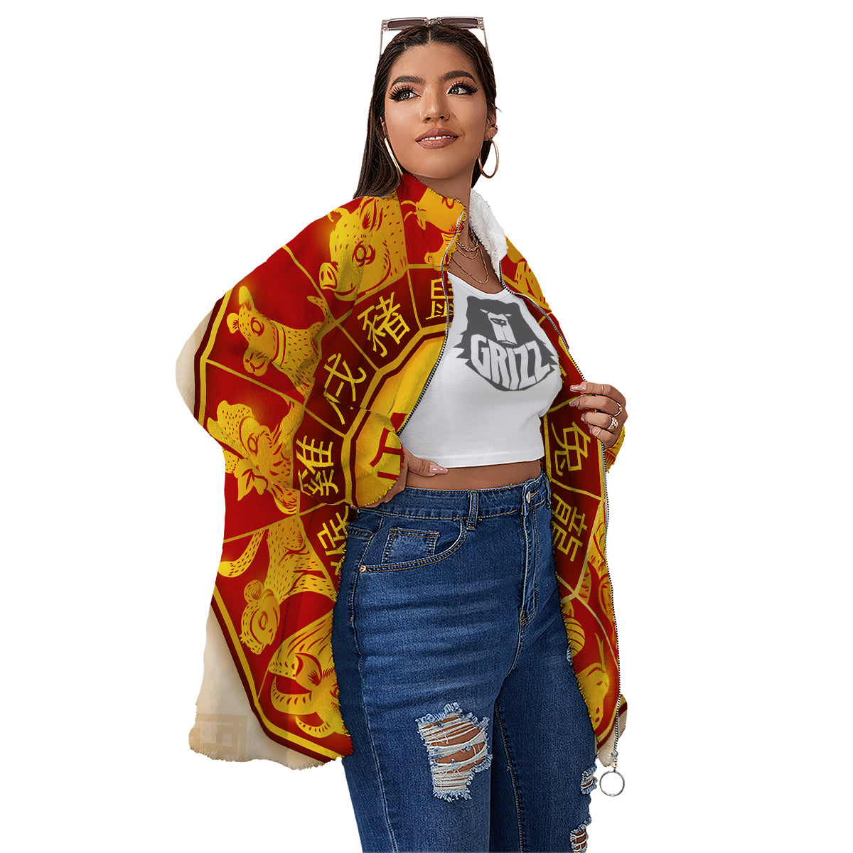 Zodiac Wheel Colourful Chinese Print Women's Sherpa Jacket-grizzshop