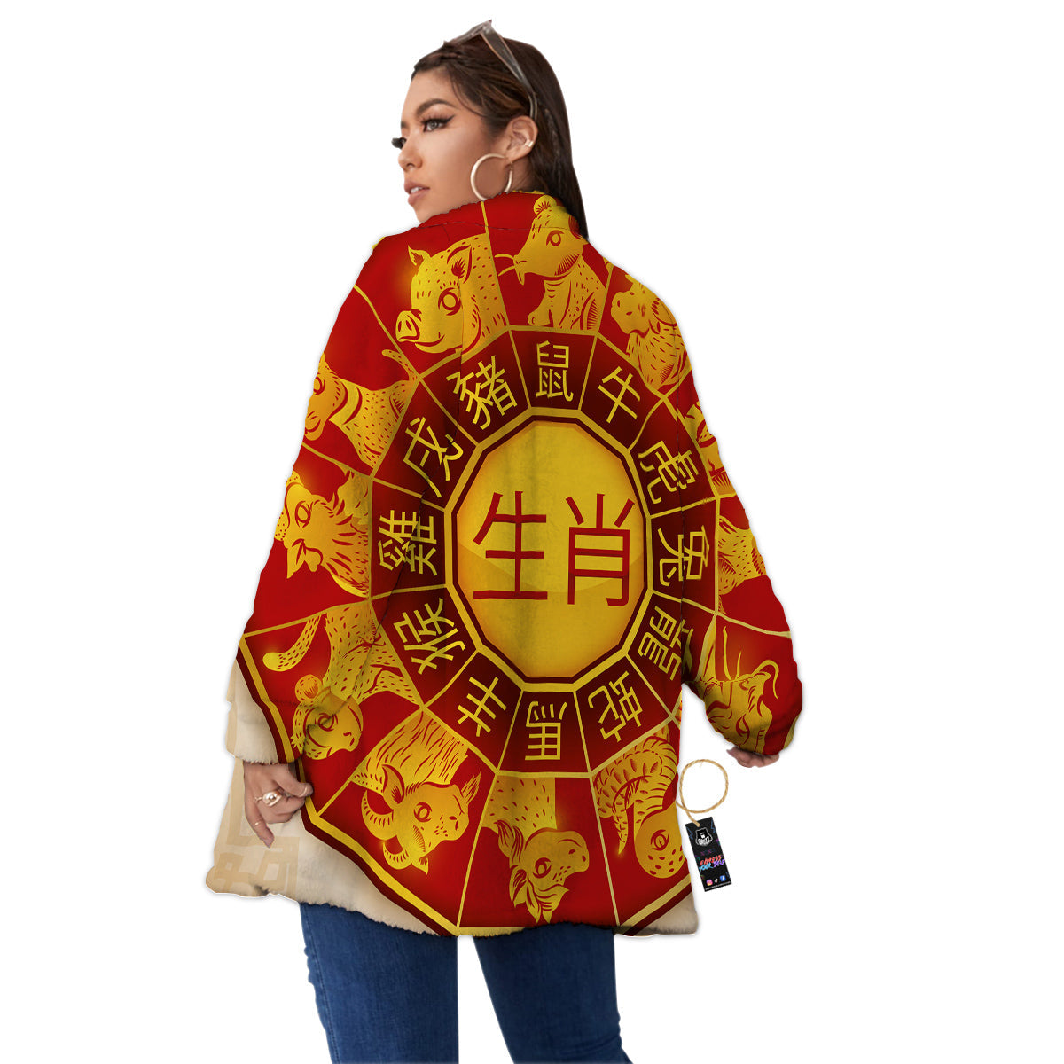 Zodiac Wheel Colourful Chinese Print Women's Sherpa Jacket-grizzshop