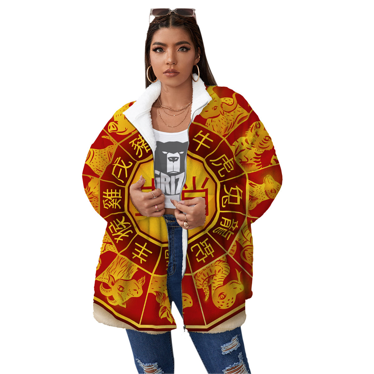 Zodiac Wheel Colourful Chinese Print Women's Sherpa Jacket-grizzshop
