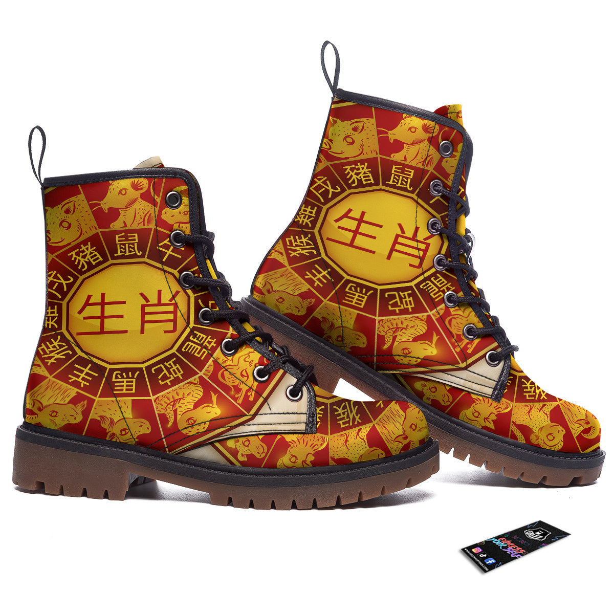 Zodiac Wheel Colourful Chinese Print Work Boots-grizzshop