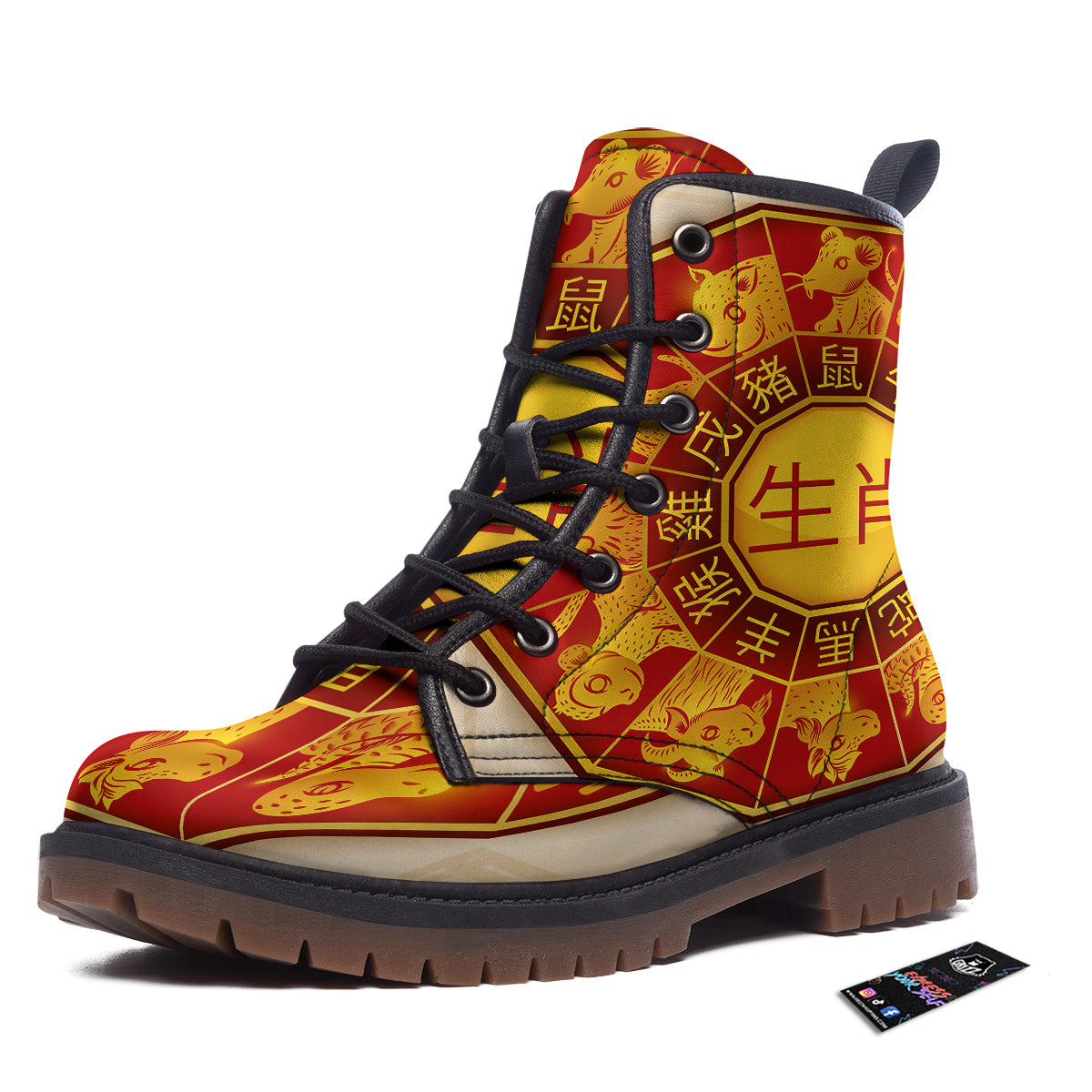 Zodiac Wheel Colourful Chinese Print Work Boots-grizzshop