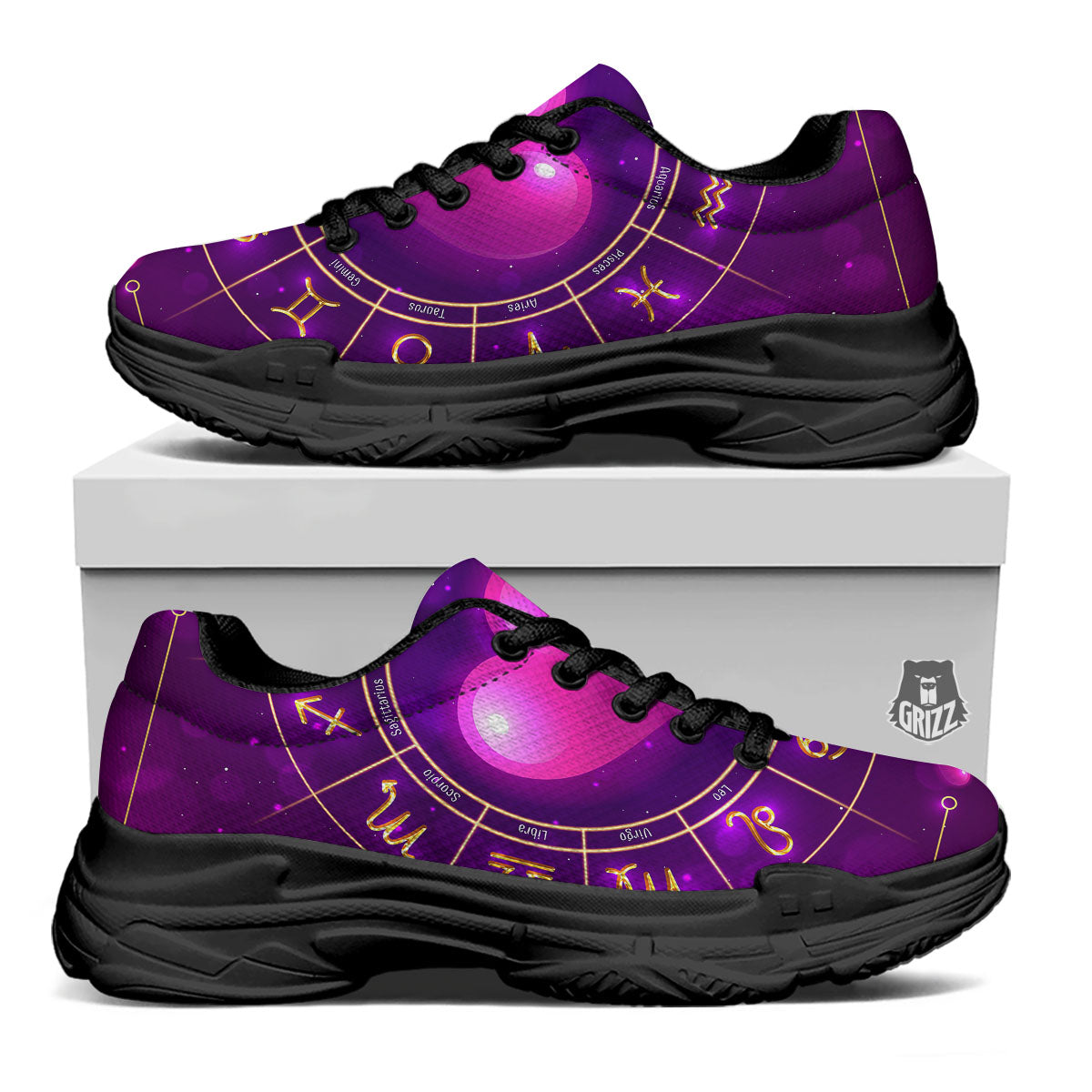 Zodiac Wheel Pink Heart Print Black Chunky Shoes-grizzshop