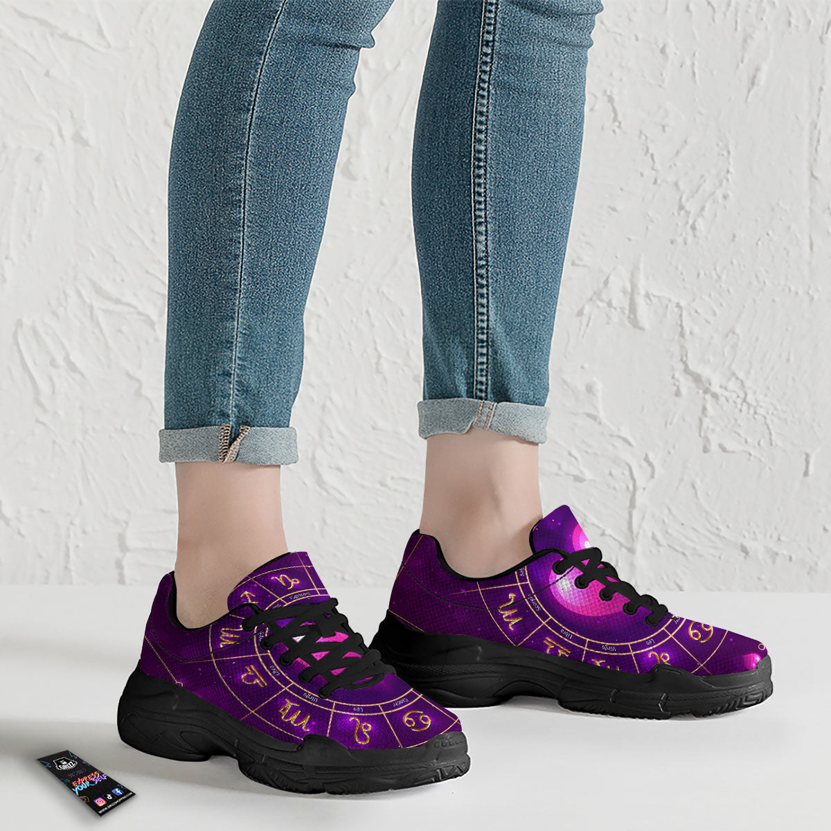 Zodiac Wheel Pink Heart Print Black Chunky Shoes-grizzshop