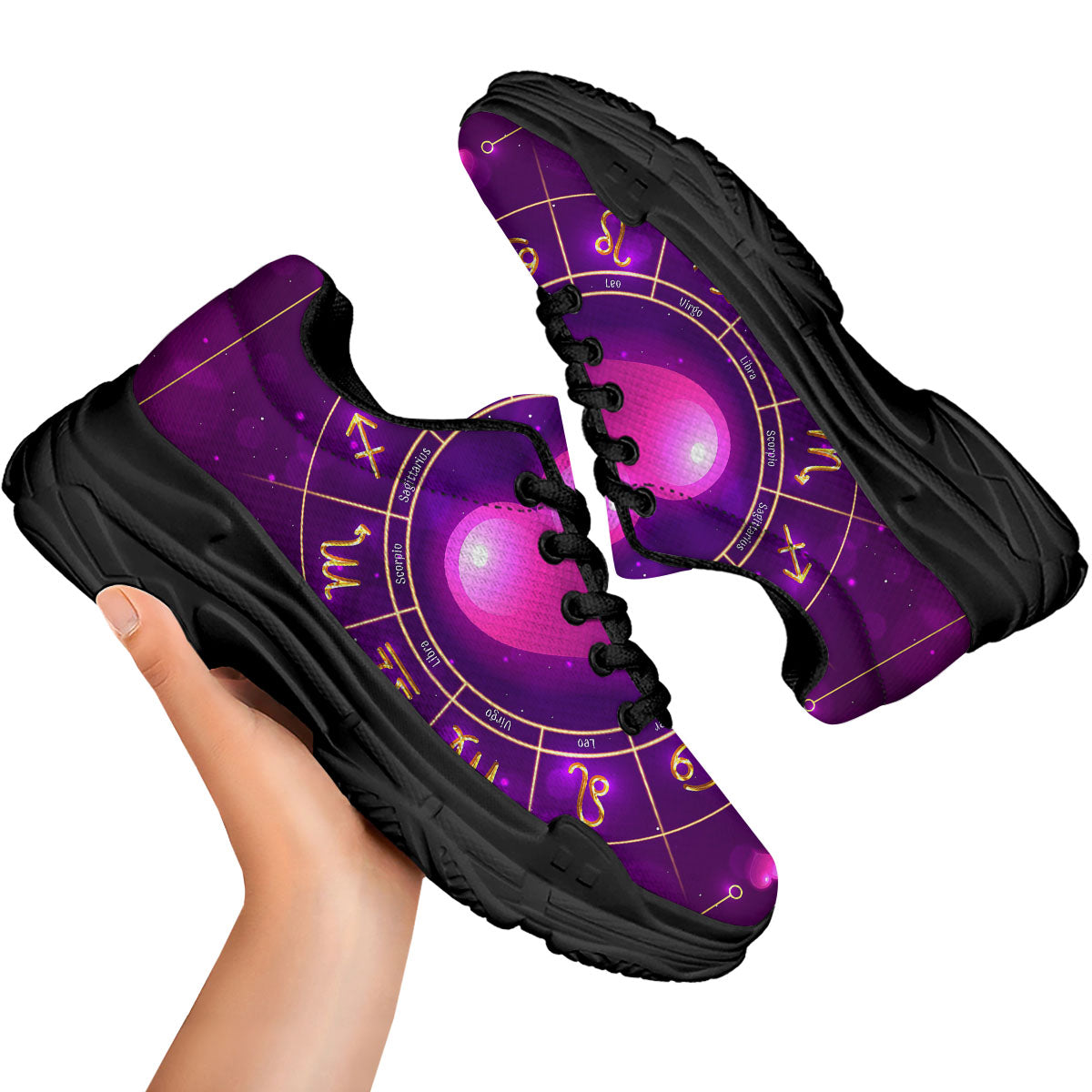 Zodiac Wheel Pink Heart Print Black Chunky Shoes-grizzshop