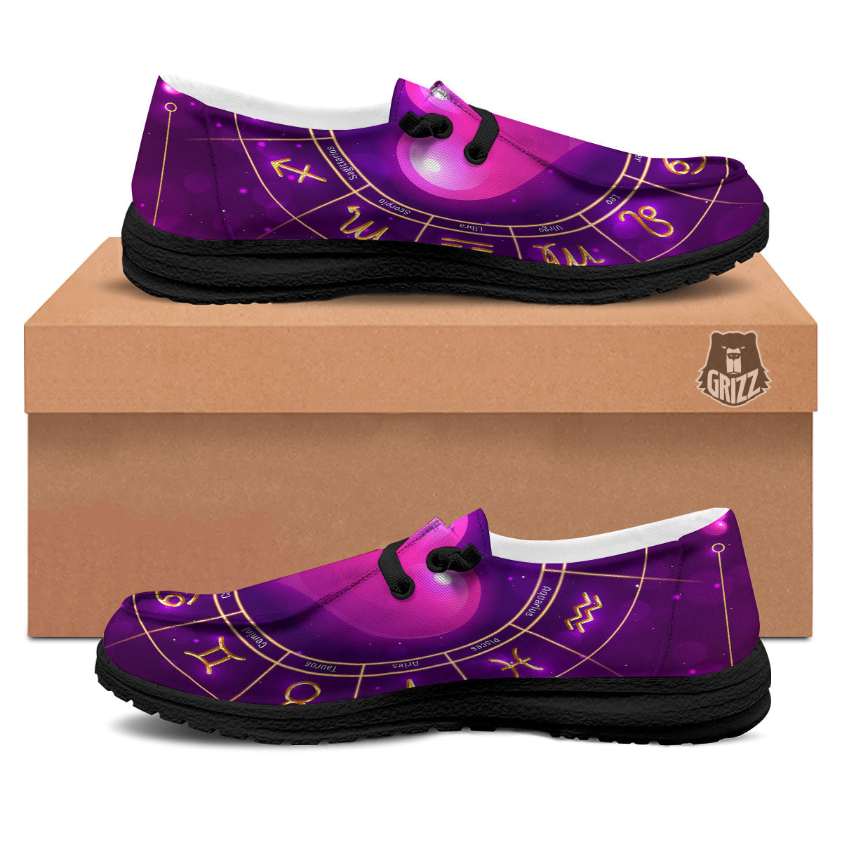 Zodiac Wheel Pink Heart Print Black Loafers-grizzshop