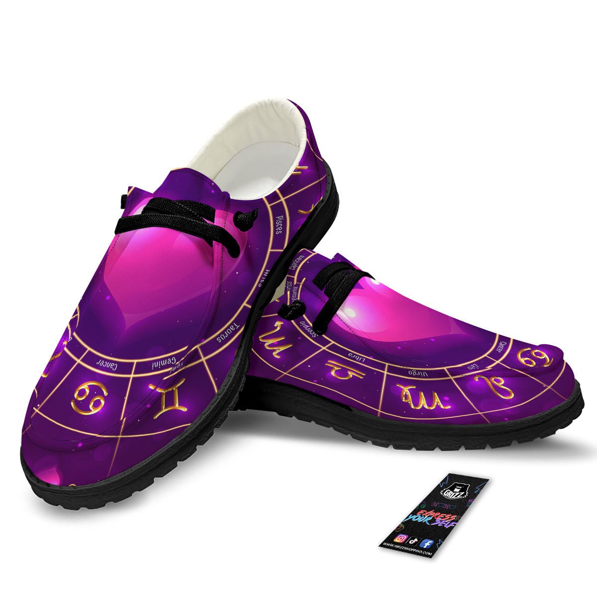 Zodiac Wheel Pink Heart Print Black Loafers-grizzshop