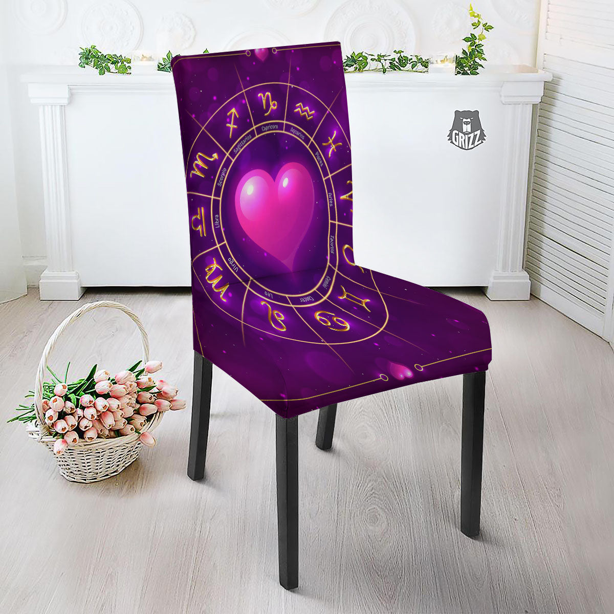 Zodiac Wheel Pink Heart Print Dining Chair Slipcover-grizzshop