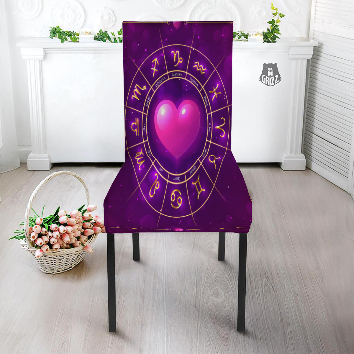 Zodiac Wheel Pink Heart Print Dining Chair Slipcover-grizzshop