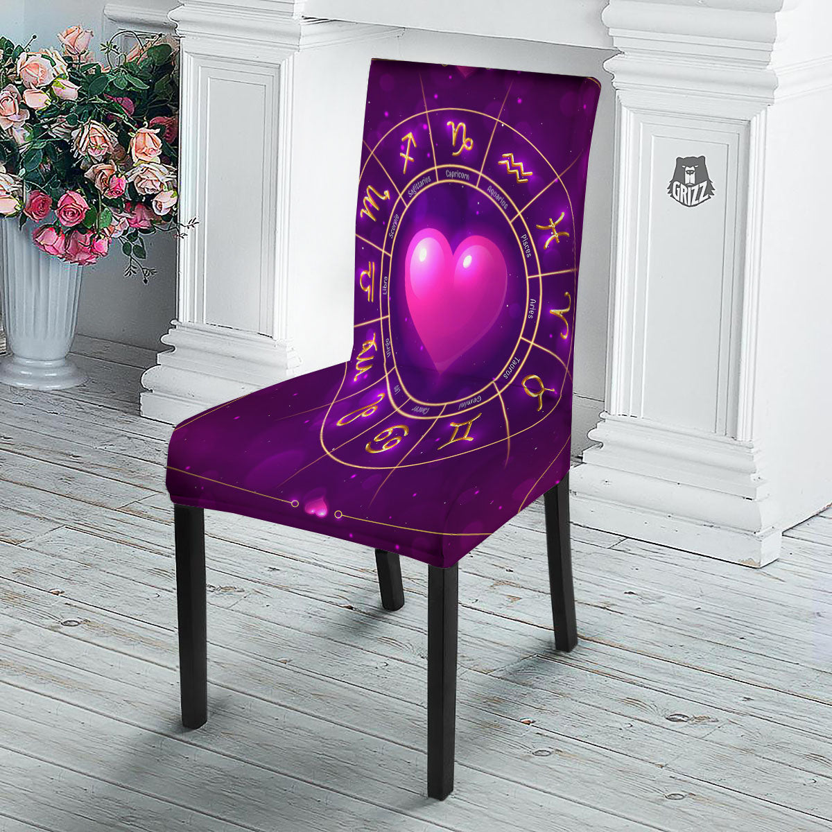 Zodiac Wheel Pink Heart Print Dining Chair Slipcover-grizzshop