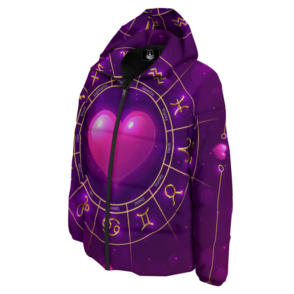Zodiac Wheel Pink Heart Print Down Jacket-grizzshop