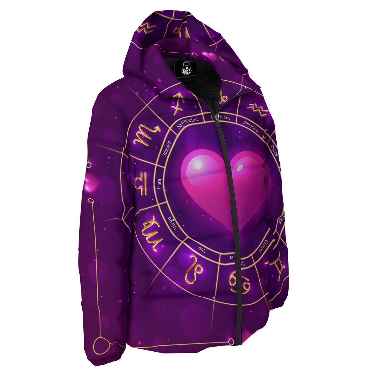 Zodiac Wheel Pink Heart Print Down Jacket-grizzshop