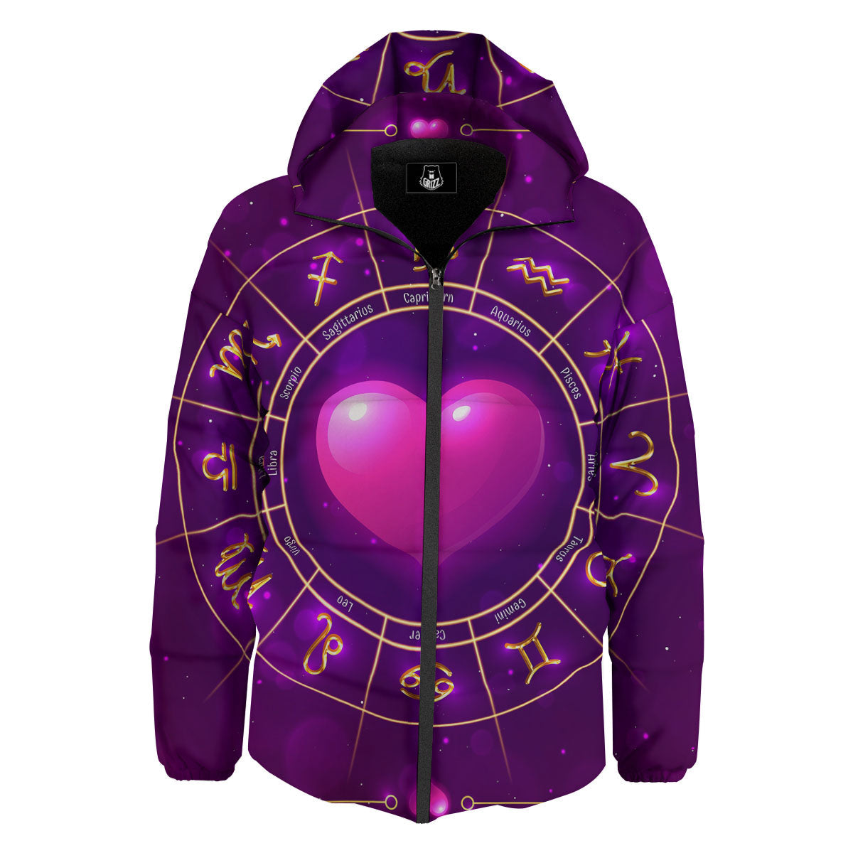 Zodiac Wheel Pink Heart Print Down Jacket-grizzshop