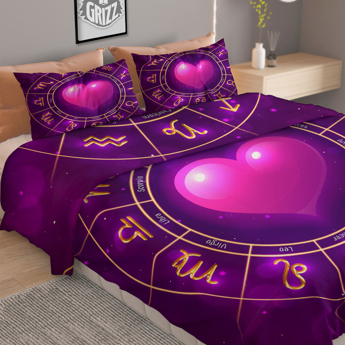Zodiac Wheel Pink Heart Print Duvet Cover Bedding Set