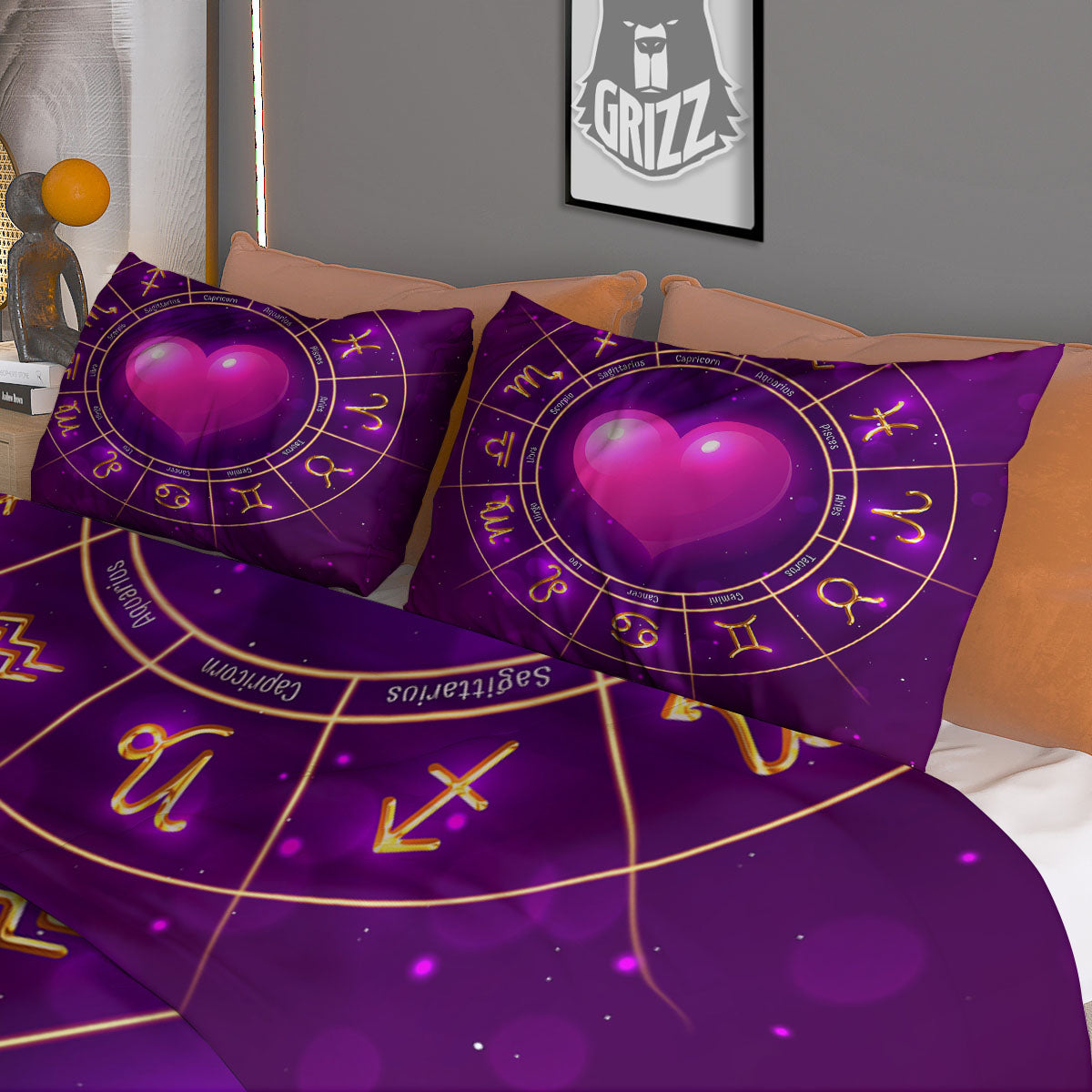 Zodiac Wheel Pink Heart Print Duvet Cover Bedding Set