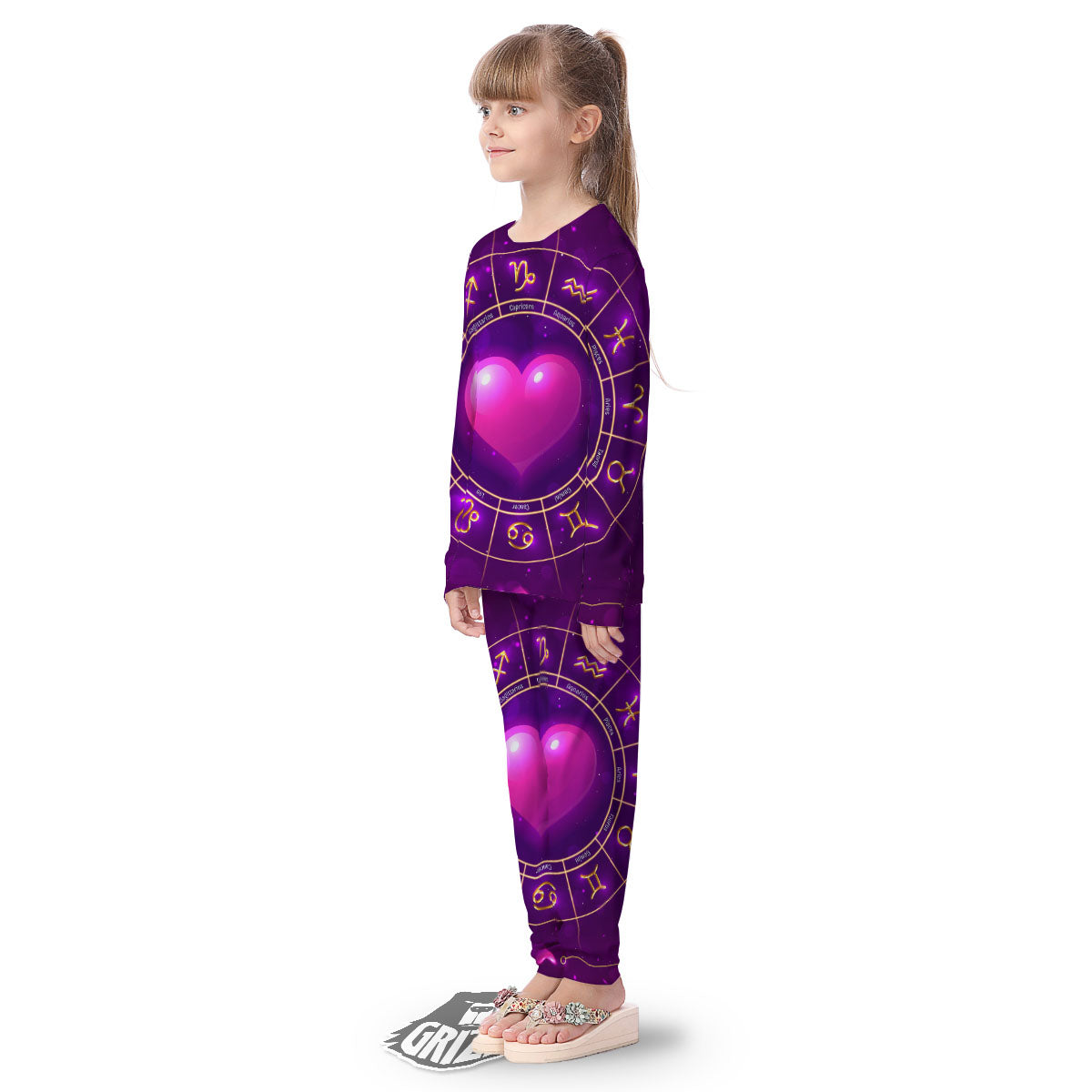 Zodiac Wheel Pink Heart Print Kid's Pajamas-grizzshop