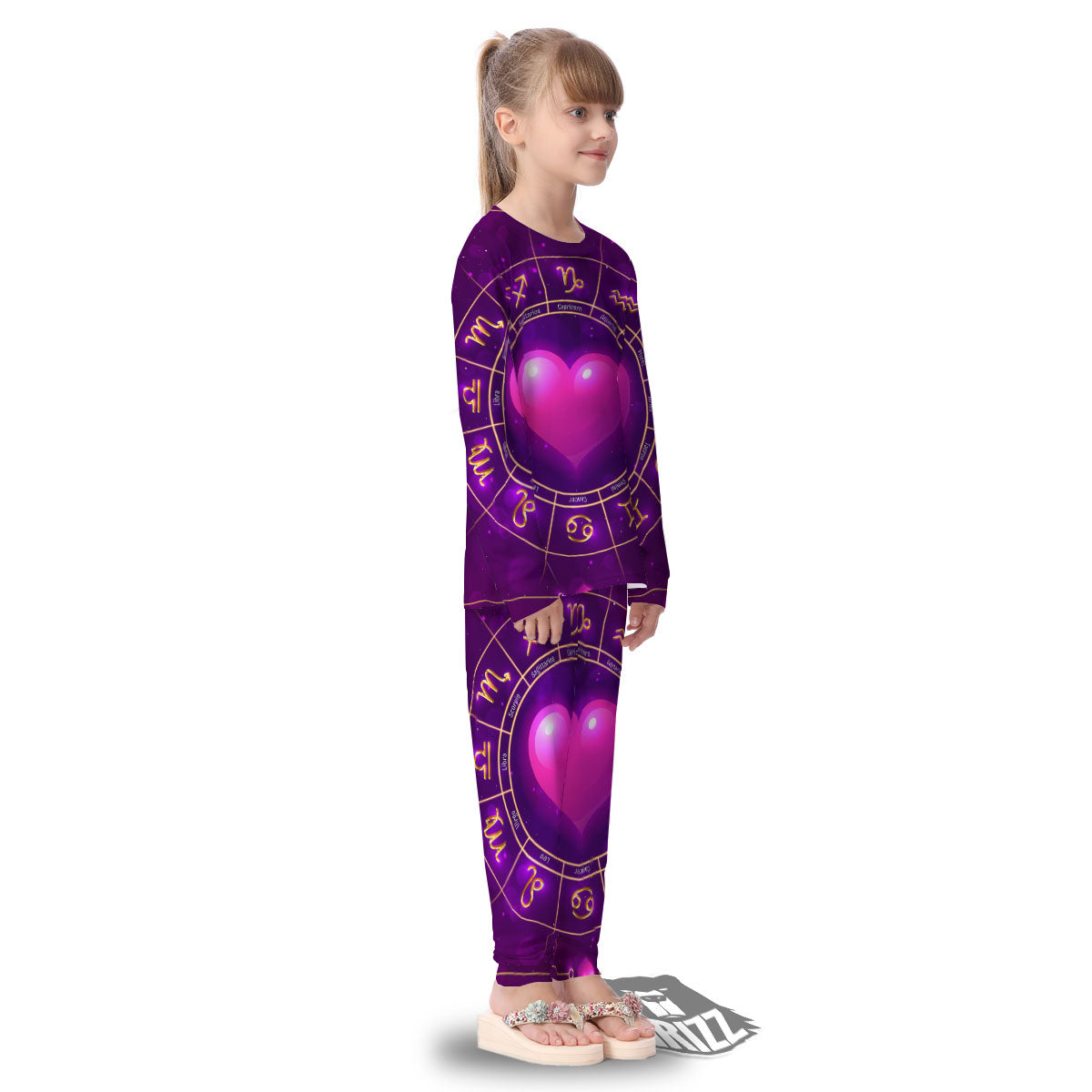 Zodiac Wheel Pink Heart Print Kid's Pajamas-grizzshop