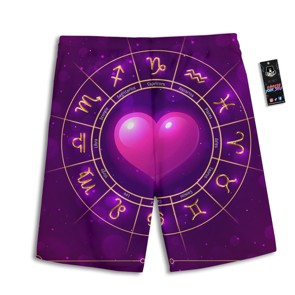 Zodiac Wheel Pink Heart Print Men's Athletic Shorts