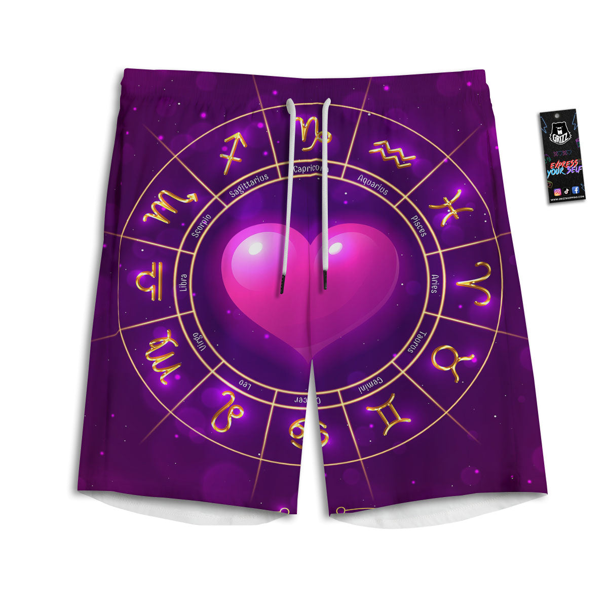 Zodiac Wheel Pink Heart Print Men's Athletic Shorts