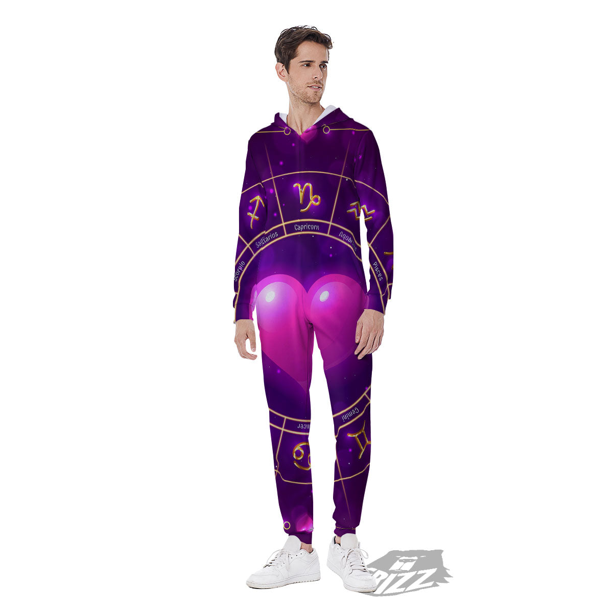 Zodiac Wheel Pink Heart Print Men's Jumpsuit-grizzshop