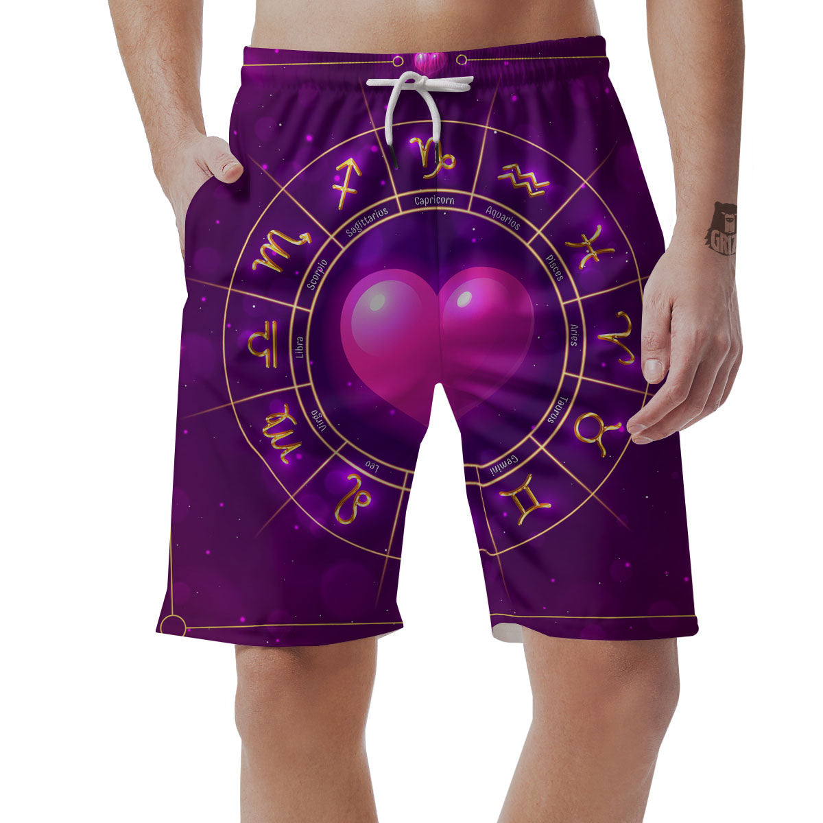 Zodiac Wheel Pink Heart Print Men's Shorts-grizzshop