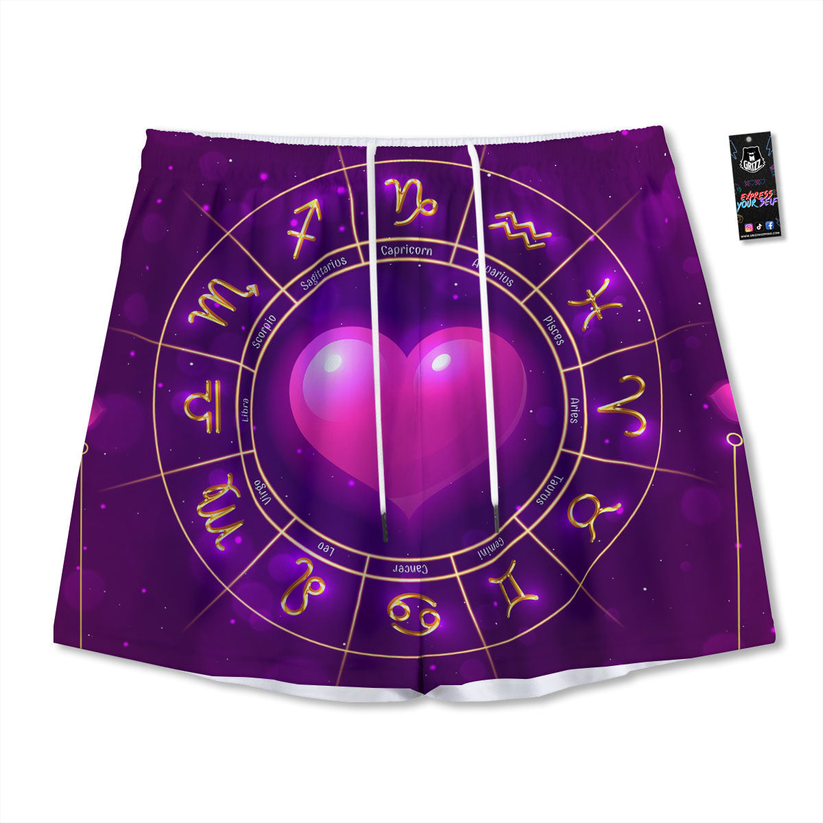 Zodiac Wheel Pink Heart Print Mesh Shorts
