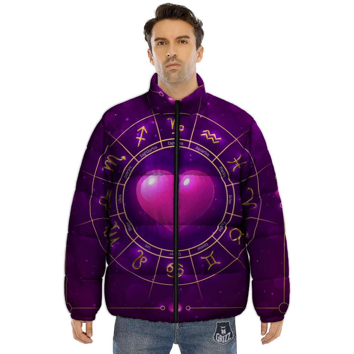 Zodiac Wheel Pink Heart Print Puffer Jacket-grizzshop