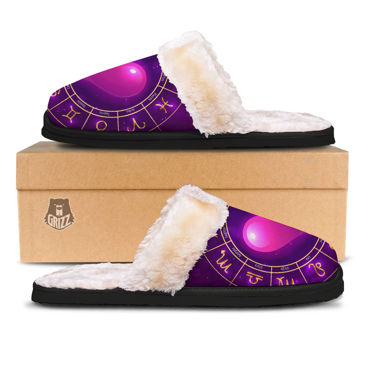 Zodiac Wheel Pink Heart Print Slippers-grizzshop