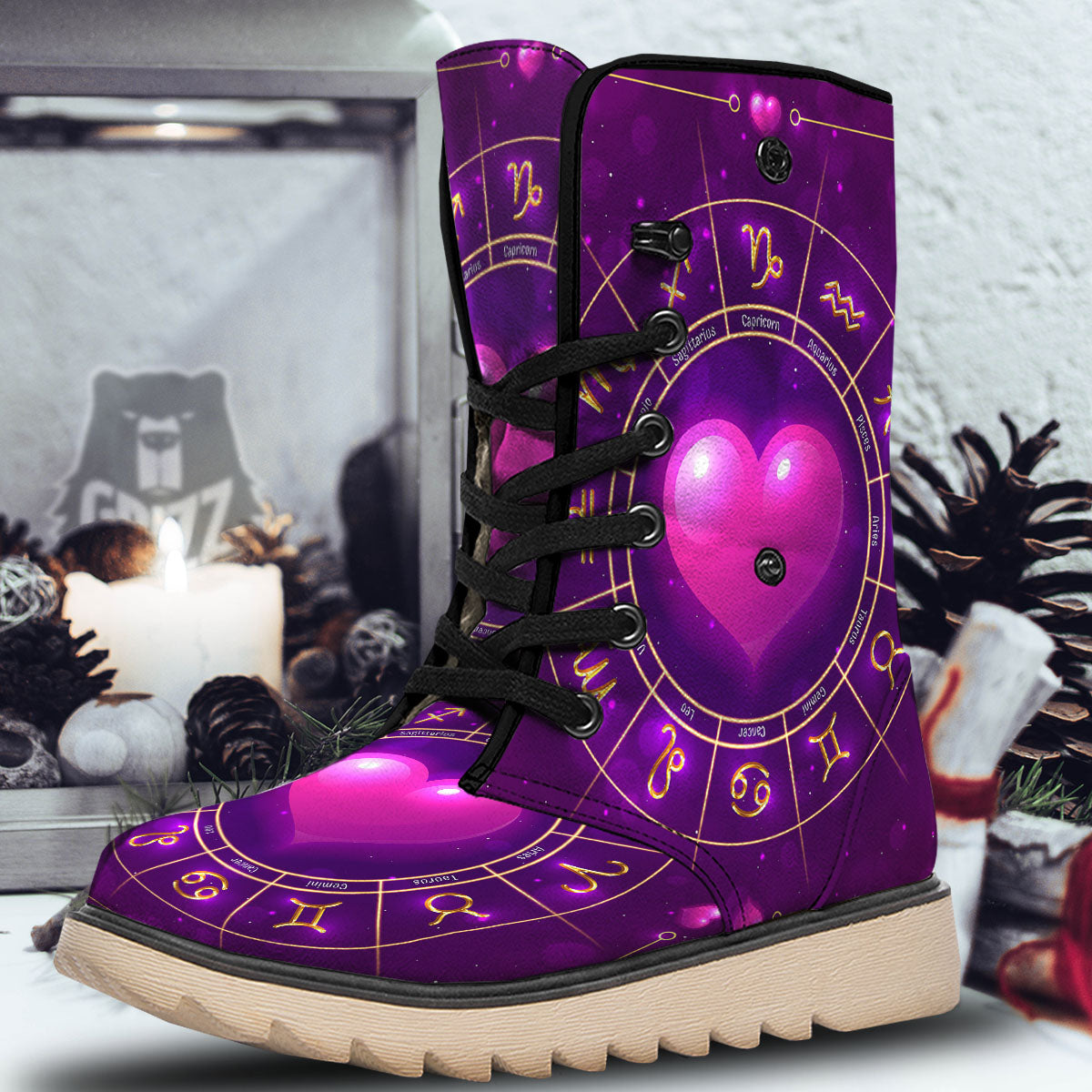 Zodiac Wheel Pink Heart Print Snow Boots-grizzshop