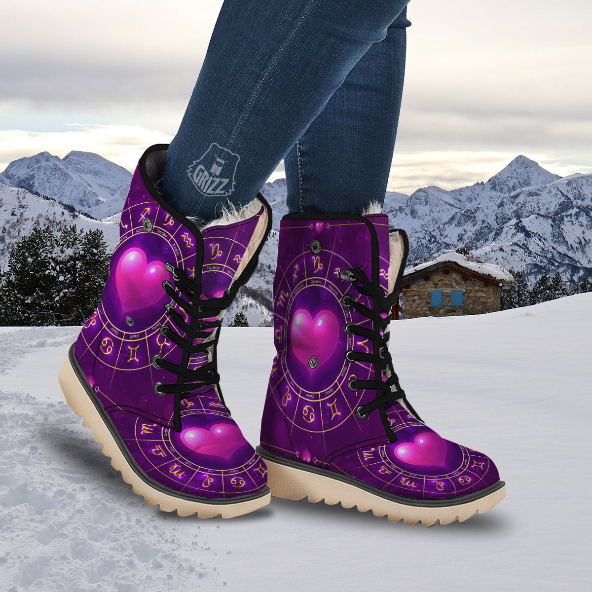 Zodiac Wheel Pink Heart Print Snow Boots-grizzshop
