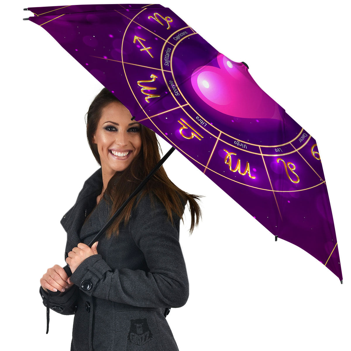 Zodiac Wheel Pink Heart Print Umbrella-grizzshop