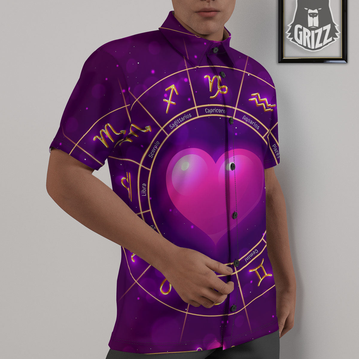 Zodiac Wheel Pink Heart Print Untucked Shirts-grizzshop