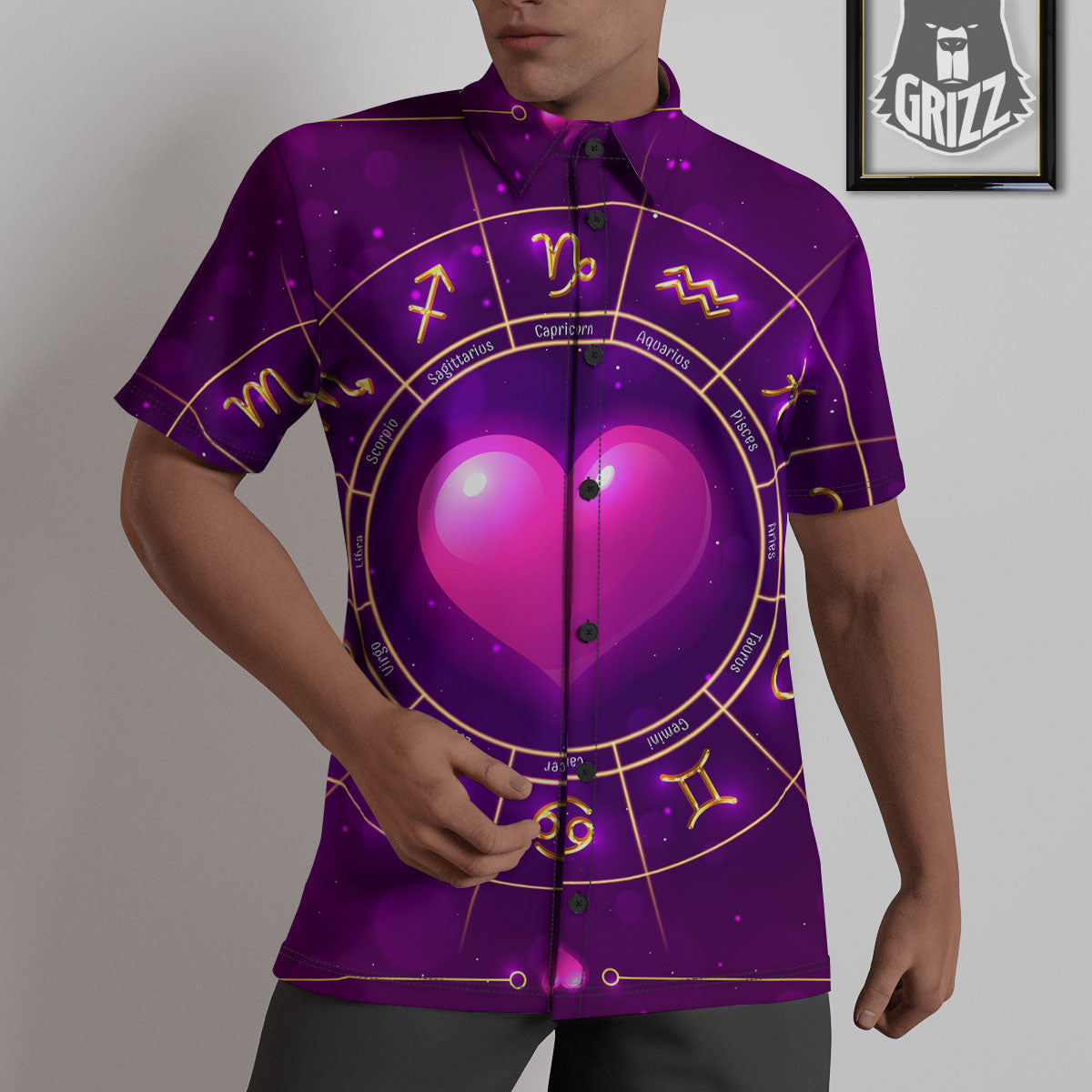Zodiac Wheel Pink Heart Print Untucked Shirts-grizzshop
