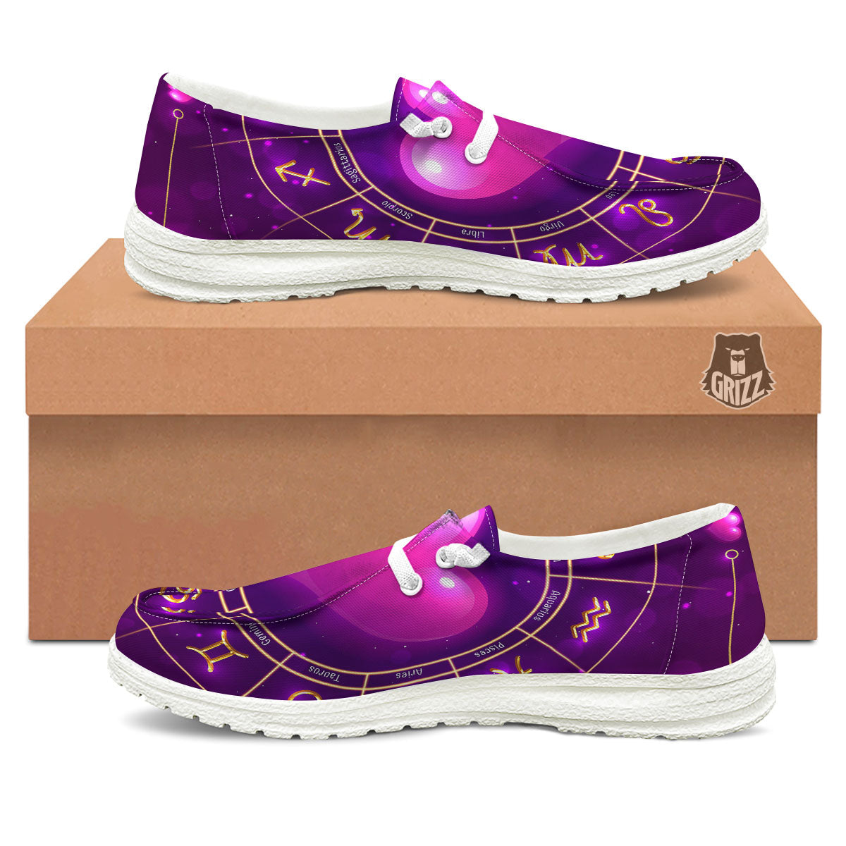 Zodiac Wheel Pink Heart Print White Loafers-grizzshop