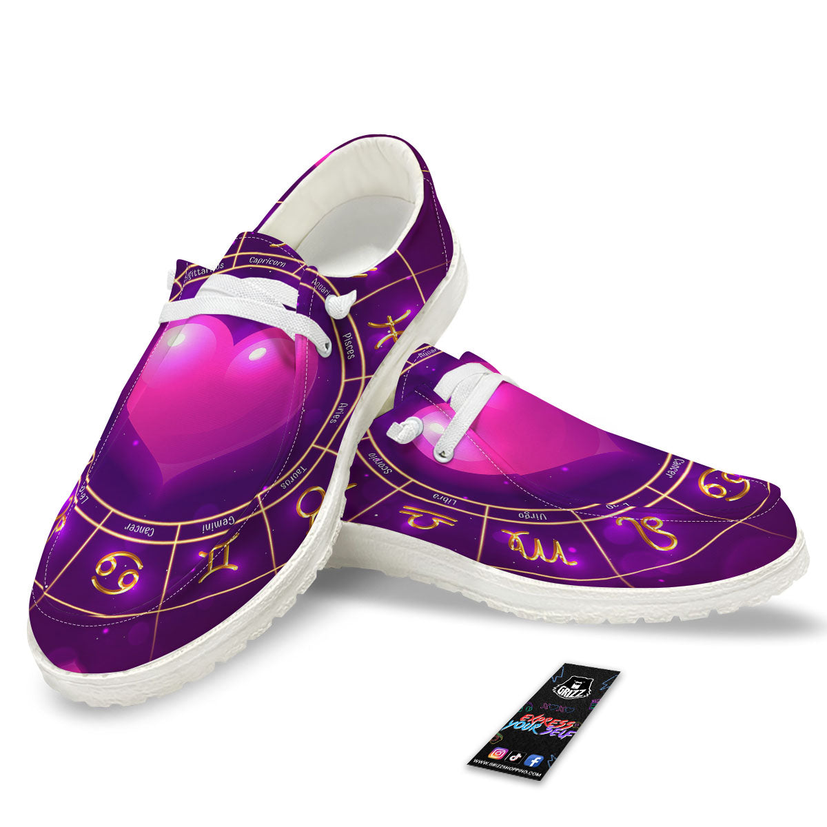 Zodiac Wheel Pink Heart Print White Loafers-grizzshop