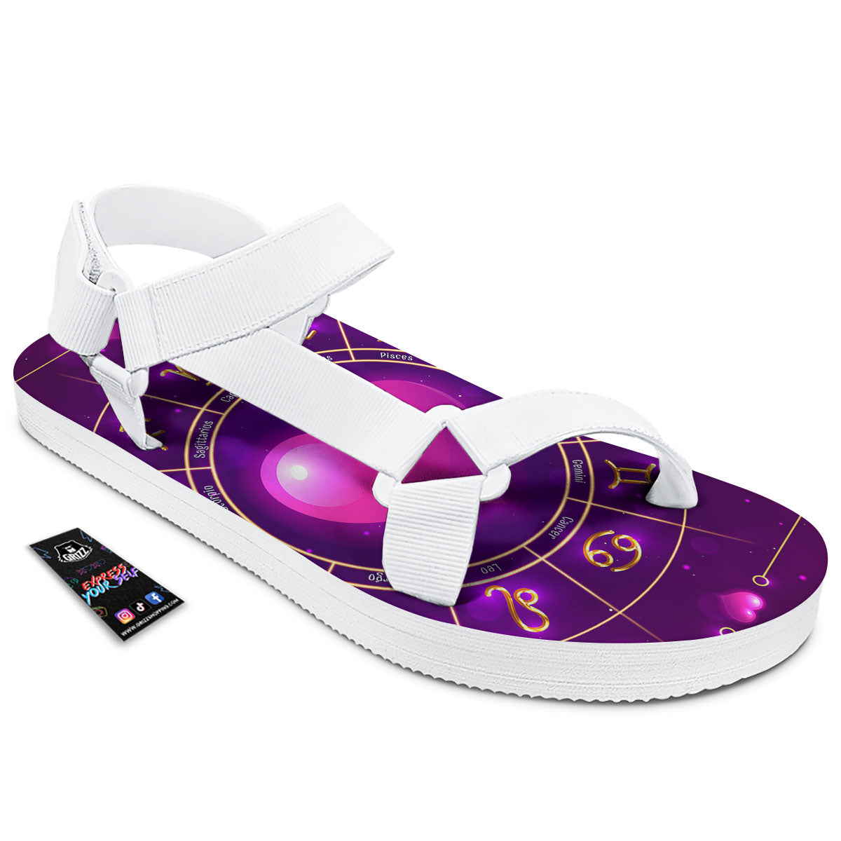 Zodiac Wheel Pink Heart Print White Open Toe Sandals-grizzshop