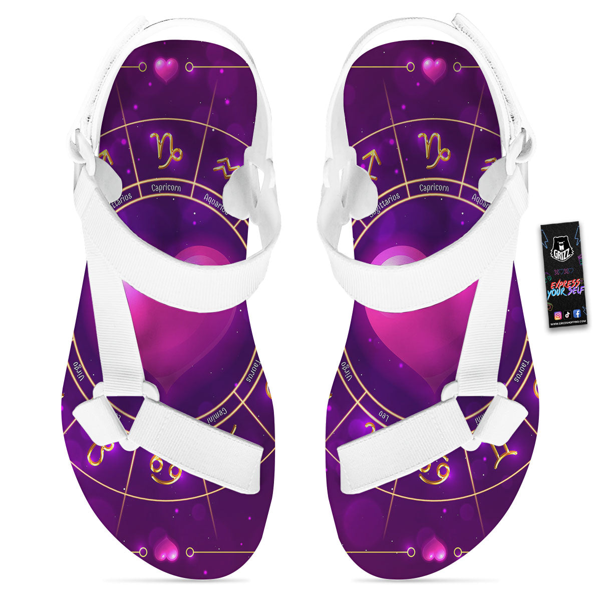 Zodiac Wheel Pink Heart Print White Open Toe Sandals-grizzshop