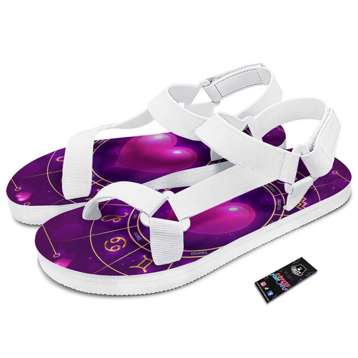 Zodiac Wheel Pink Heart Print White Open Toe Sandals-grizzshop