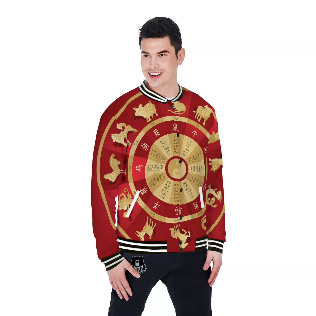 Zodiac Wheel Red Chinese Print Baseball Jacket-grizzshop