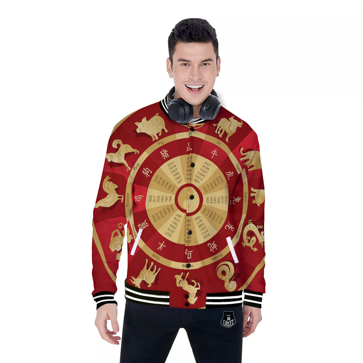 Zodiac Wheel Red Chinese Print Baseball Jacket-grizzshop