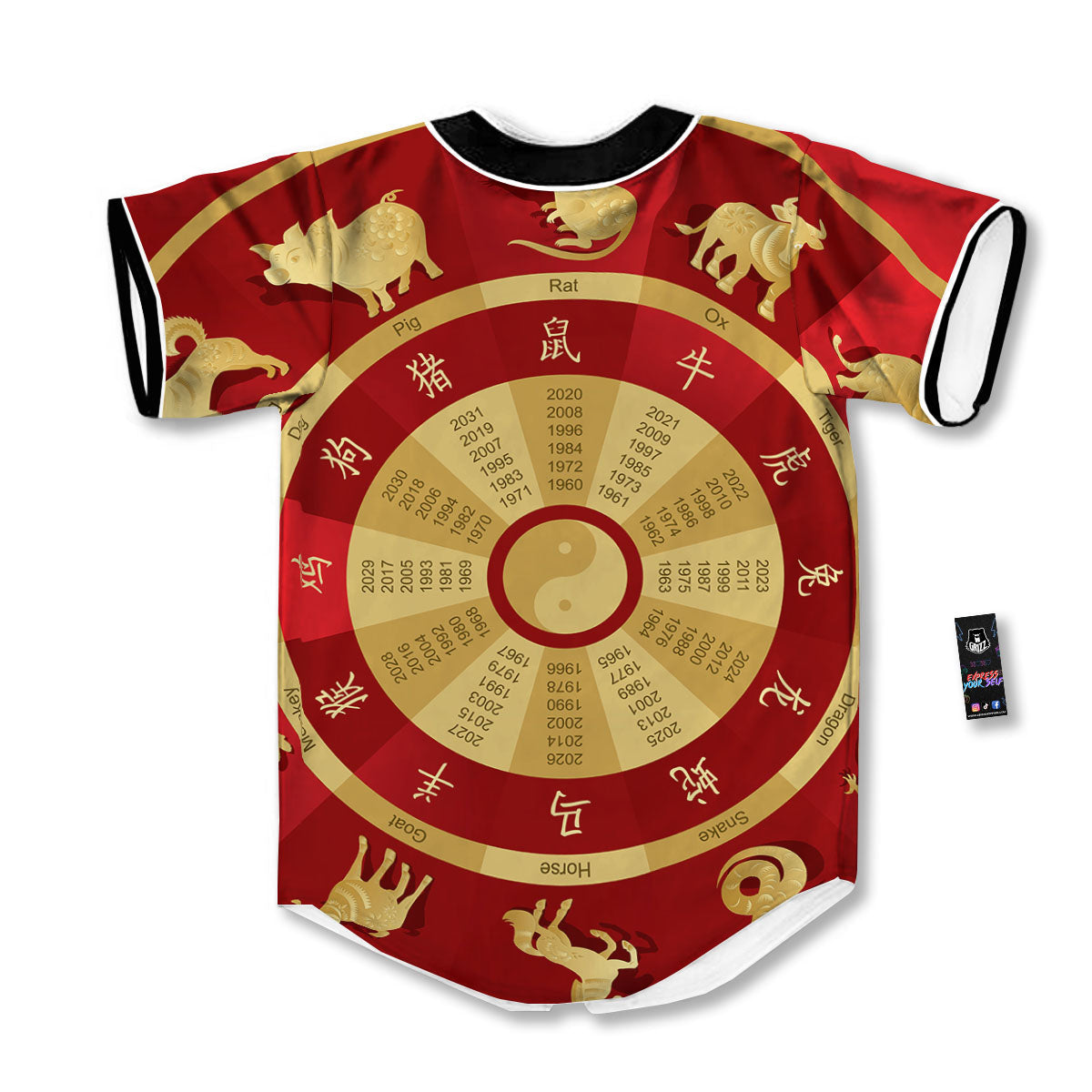 Zodiac Wheel Red Chinese Print Baseball Jersey-grizzshop